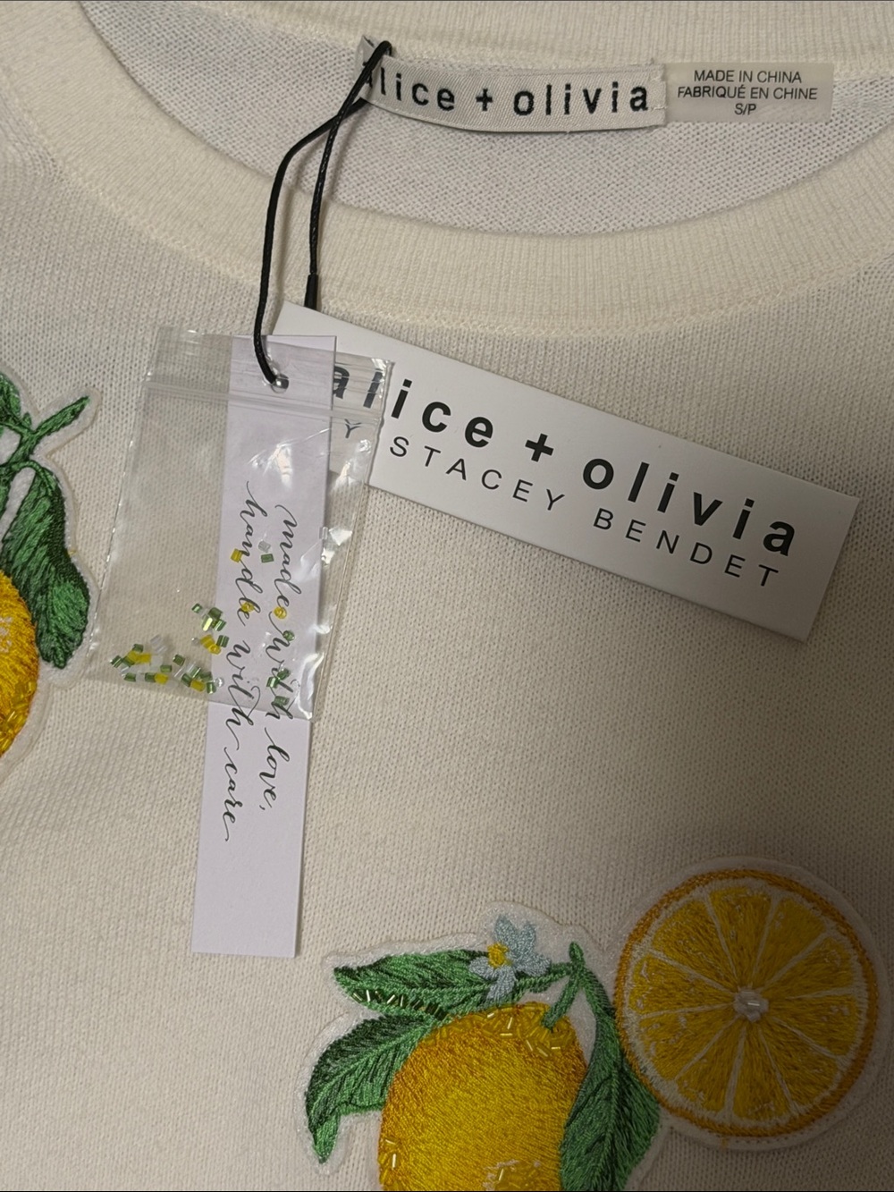 Alice + Olivia Cream Short Sleeve Sweater with Yellow Lemon Embroidery - Picture 2 of 4